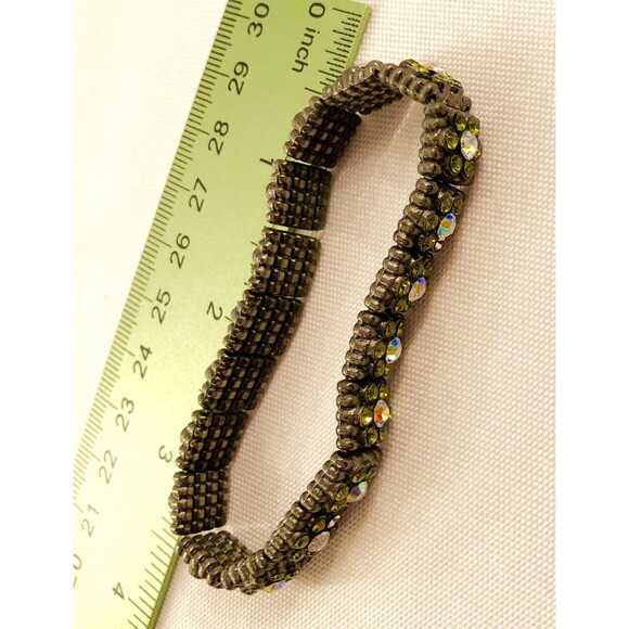Vintage Aurora Borealis & Green Rhinestone on Black/Bronze Tone Stretch Bracelet - Picture 5 of 5